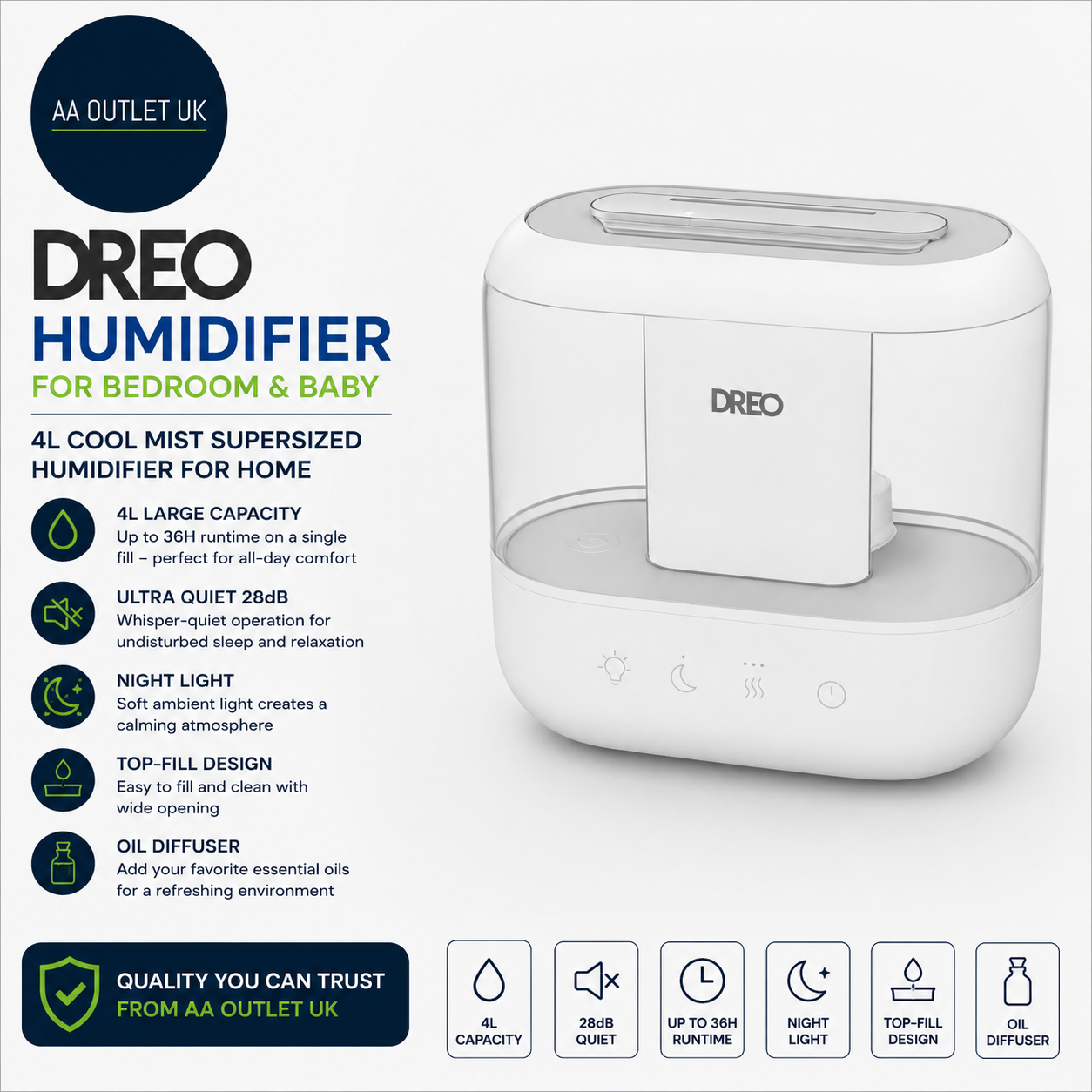 Dreo Humidifier Bedroom Baby 4L Cool Mist Supersized Home 28 dB Quiet White