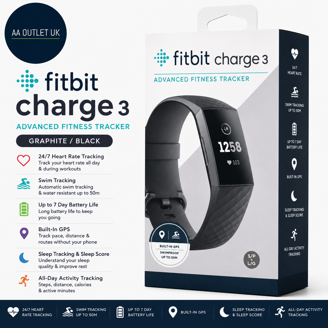 Fitbit Charge 3 Advanced Fitness Tracker Heart Rate Swim Calorie Sleep 19in