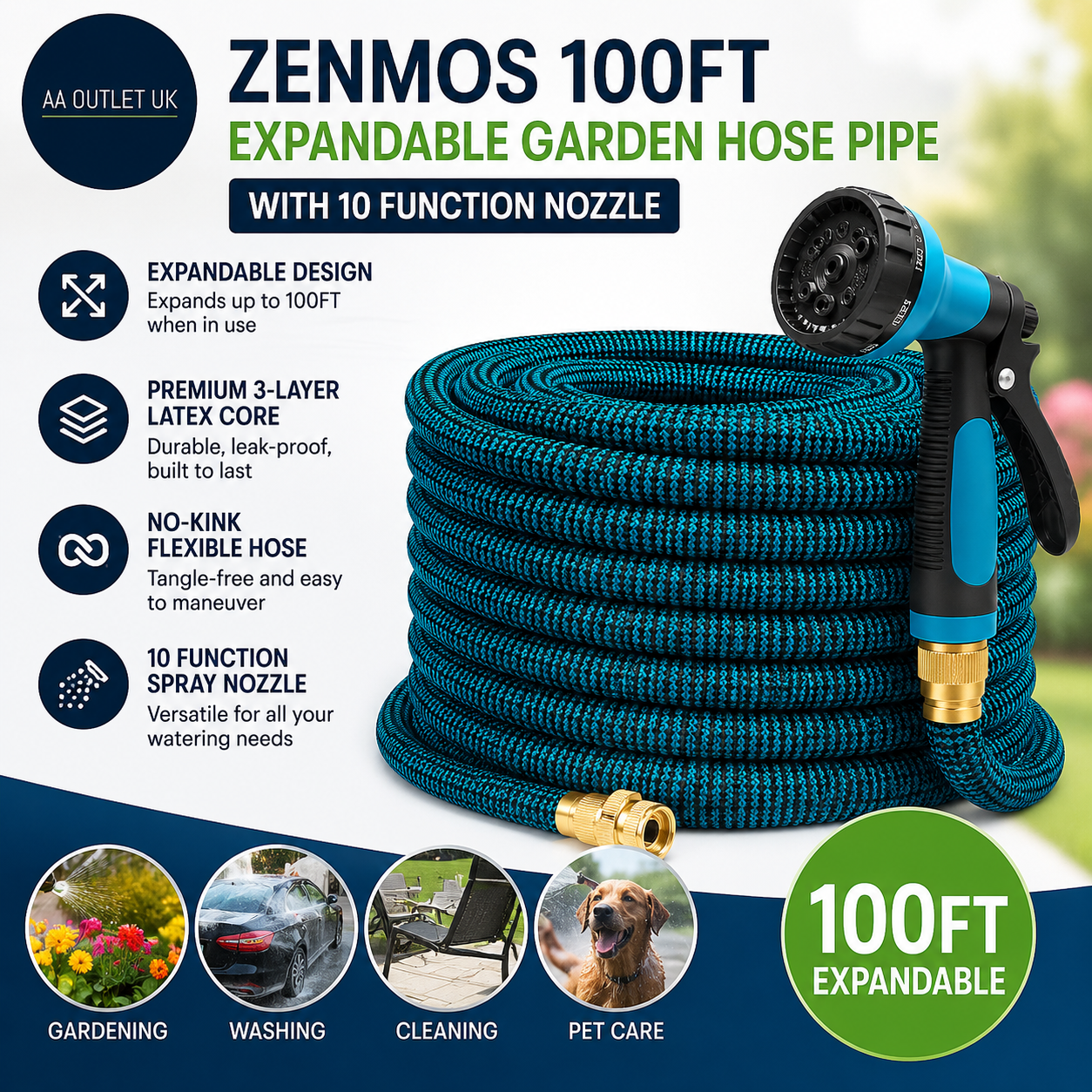 Zenmos 100ft Expandable Garden Hose Pipe 10 Function Nozzle Upgraded 3 Layer