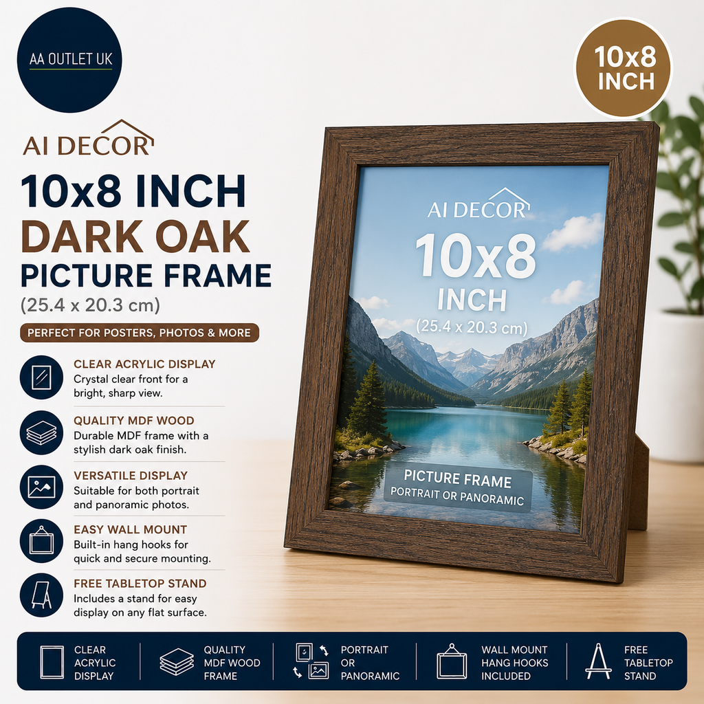 AI Decor 10x8in Dark Oak Picture Frames Poster Frame Clear Acrylic Display