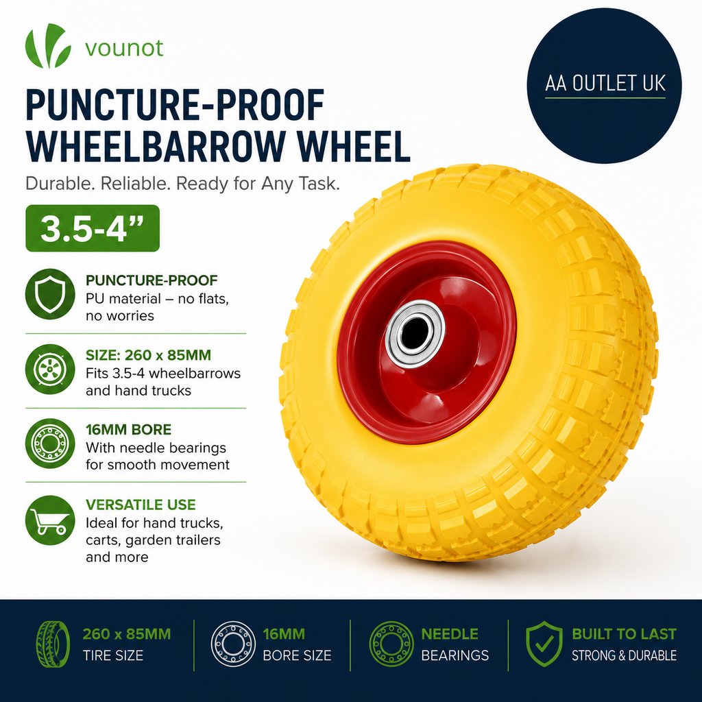 Vounot Puncture Proof 3.5-4 PU Wheelbarrow Wheel 260x85mm 16mm Yellow