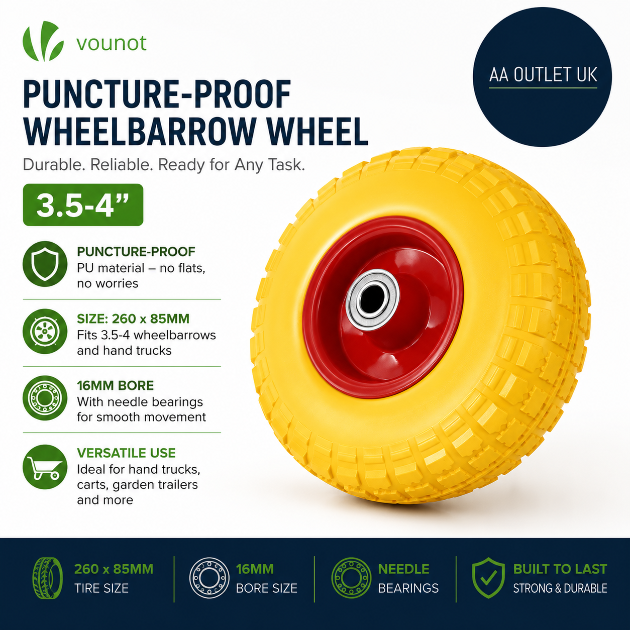 Vounot Puncture Proof 3.5-4 PU Wheelbarrow Wheel 260x85mm 16mm Yellow