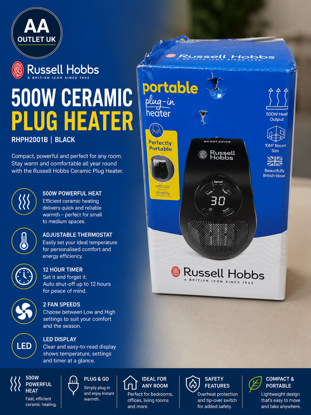 Russell Hobbs 500W Ceramic Plug Heater Electric Adjustable Thermostat Black