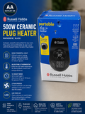 Russell Hobbs 500W Ceramic Plug Heater Electric Adjustable Thermostat Black