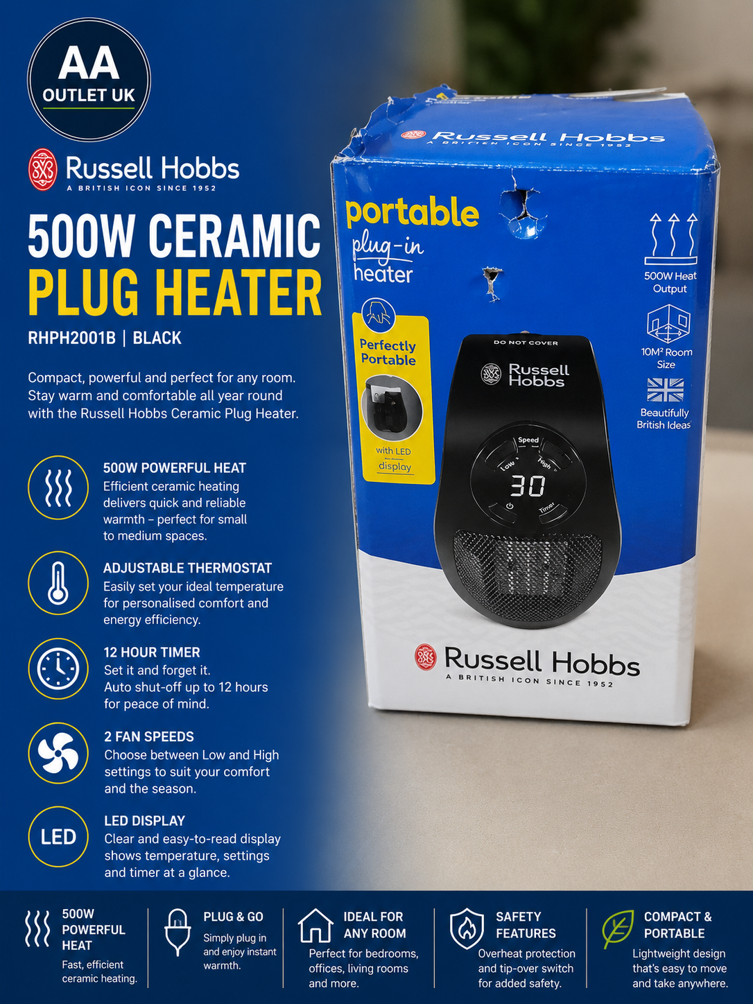 Russell Hobbs 500W Ceramic Plug Heater Electric Adjustable Thermostat Black