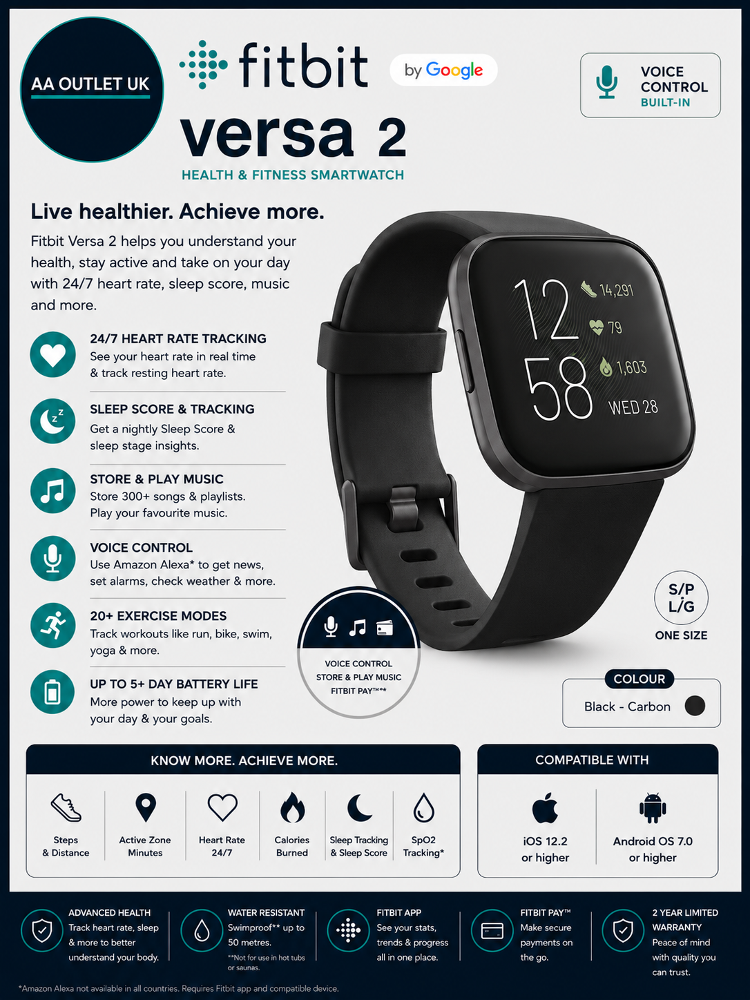 Fitbit Versa 2 Health Fitness Smartwatch Voice Control Sleep Score Black