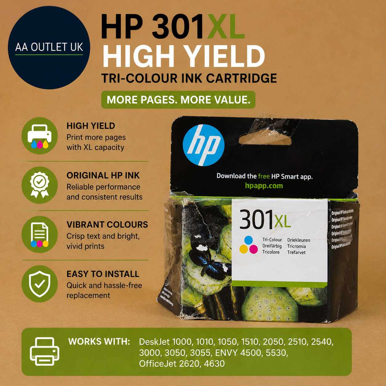 HP 301XL High Yield Tri Colour Original Ink Cartridge CH564EE Works DeskJet 1000