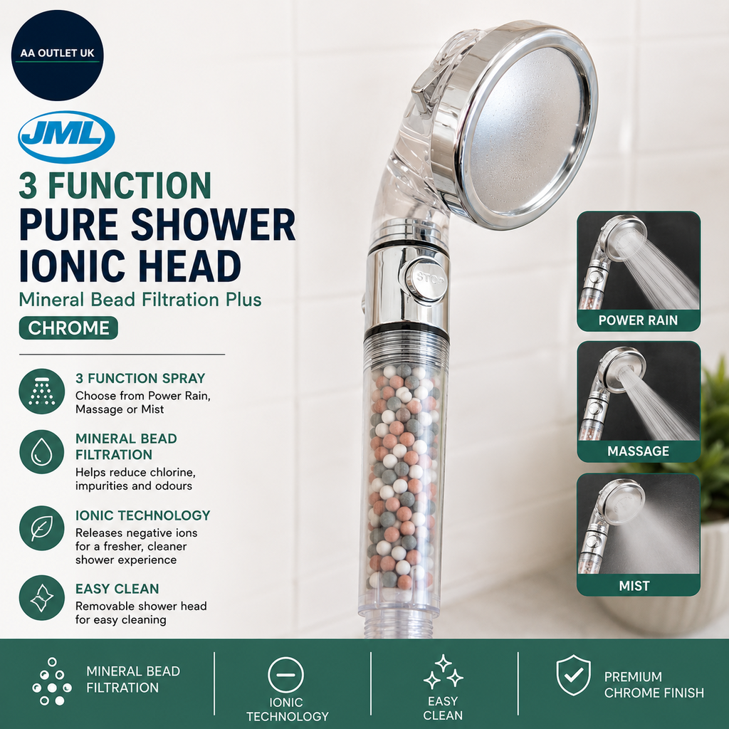 JML 3 Function Pure Shower Ionic Head Mineral Bead Filtration Plus Chrome