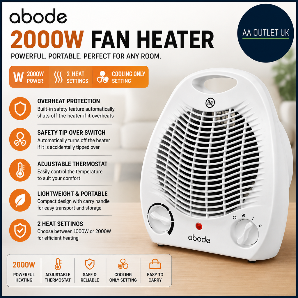 Abode Electric Fan Heater 2000w with 2 Heat Settings Overheat Protection Safe