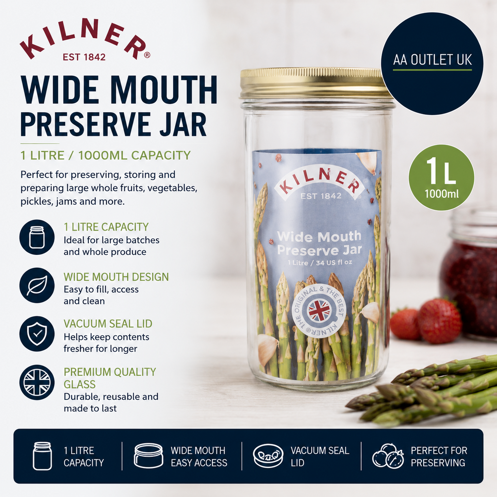 Kilner Wide Mouth Preserve Jar 1L Glass Storage Vacuum Seal Lid Clear 20x10cm