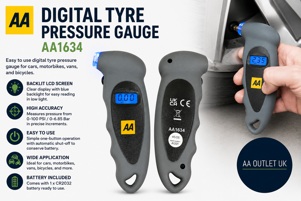 AA Digital Tyre Pressure Gauge AA1634 Cars Backlit LCD Screen 0100 PSI/0-6.85