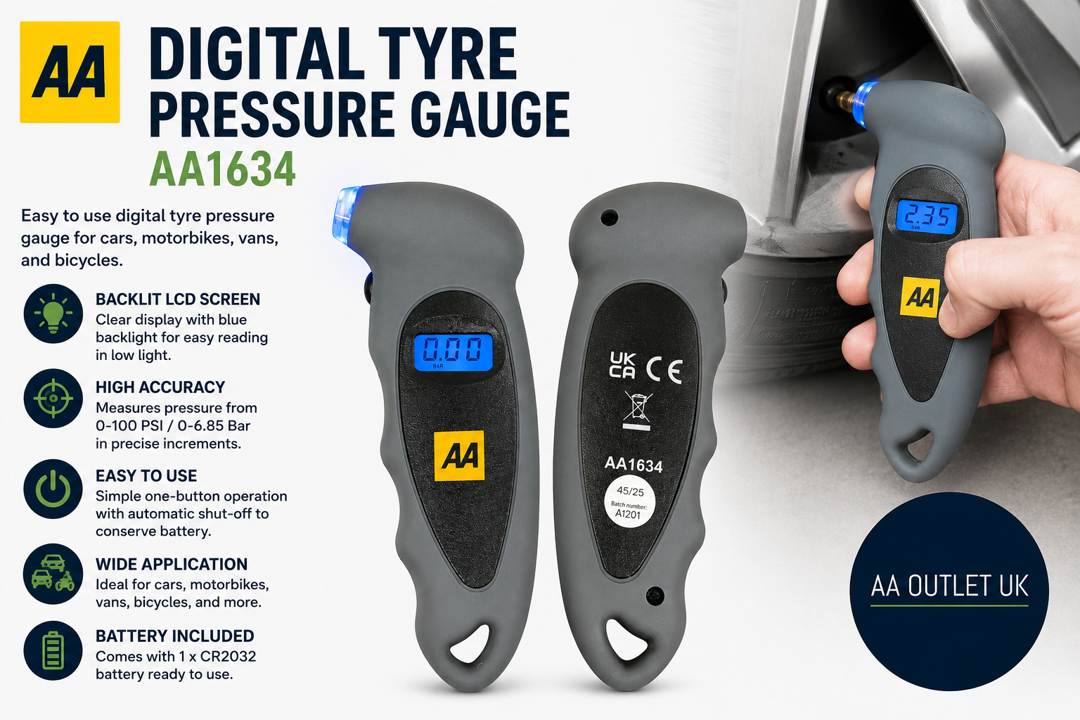 AA Digital Tyre Pressure Gauge AA1634 Cars Backlit LCD Screen 0100 PSI/0-6.85