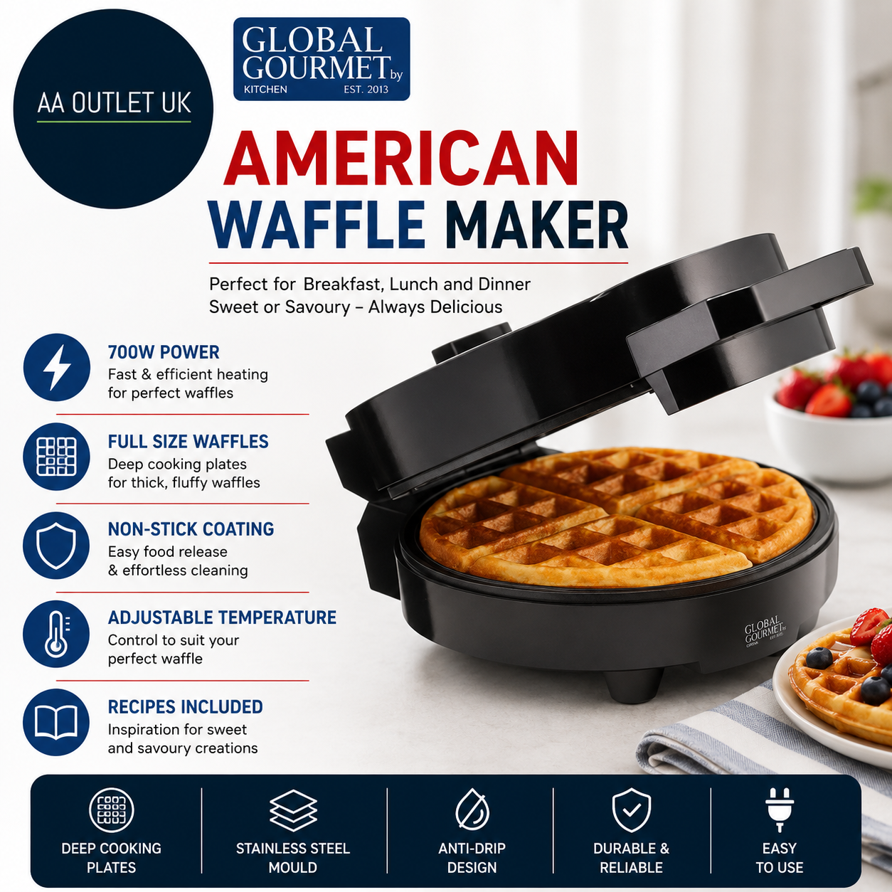 Global Gourmet Full Size American Waffle Maker Iron Machine 700W Electric