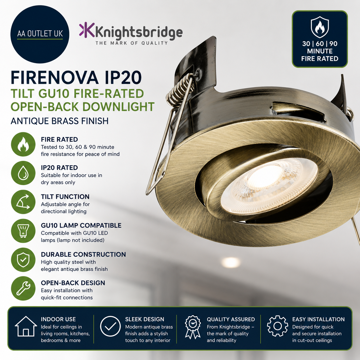 Knightsbridge FireNova IP20 Tilt GU10 Fire Rated Open Back Downlight Brass