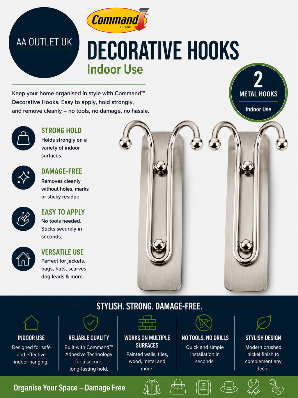 Command Decorative Hook Indoor Use 2 Metal Hooks Hang Jackets Purses Handbags