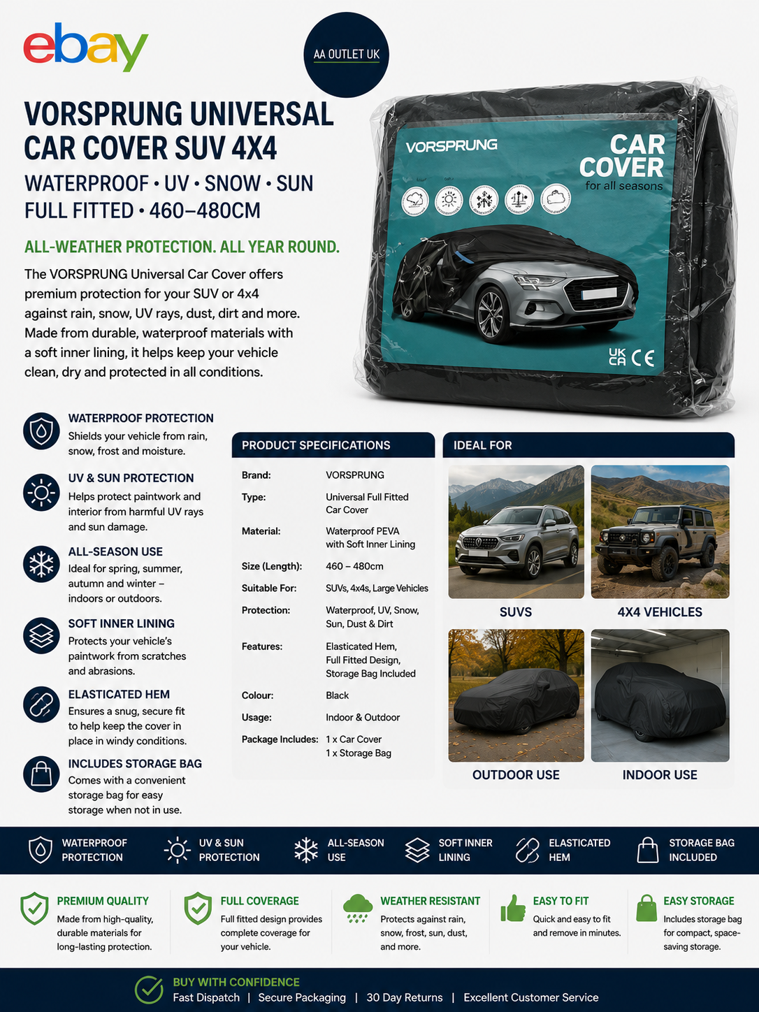 VORSPRUNG Universal Car Cover SUV 4x4 Waterproof UV Snow Sun Full Fitted 460-480