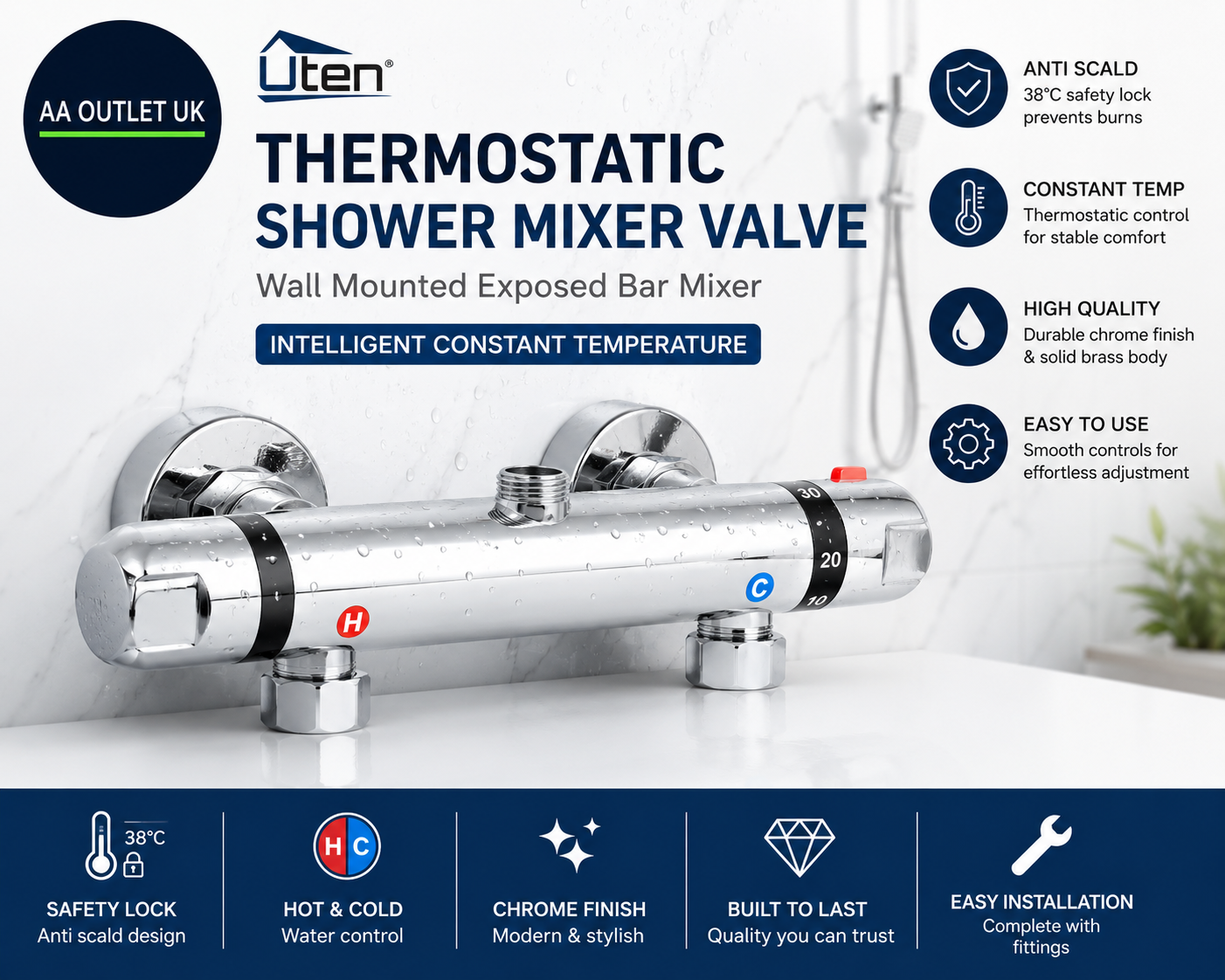 Thermostatic Shower Mixer Bar Round Wall Mounted Bath Shower Mixer Valve