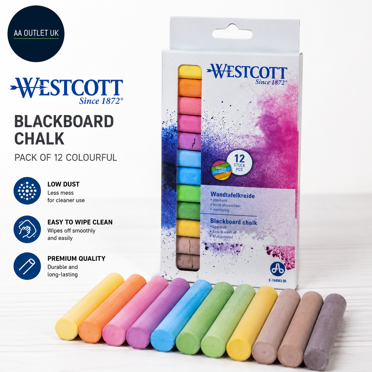 Westcott Chalk 12 Pieces Colourful 1.2cm Diameter Blackboard 8.5cm Long Low Dust
