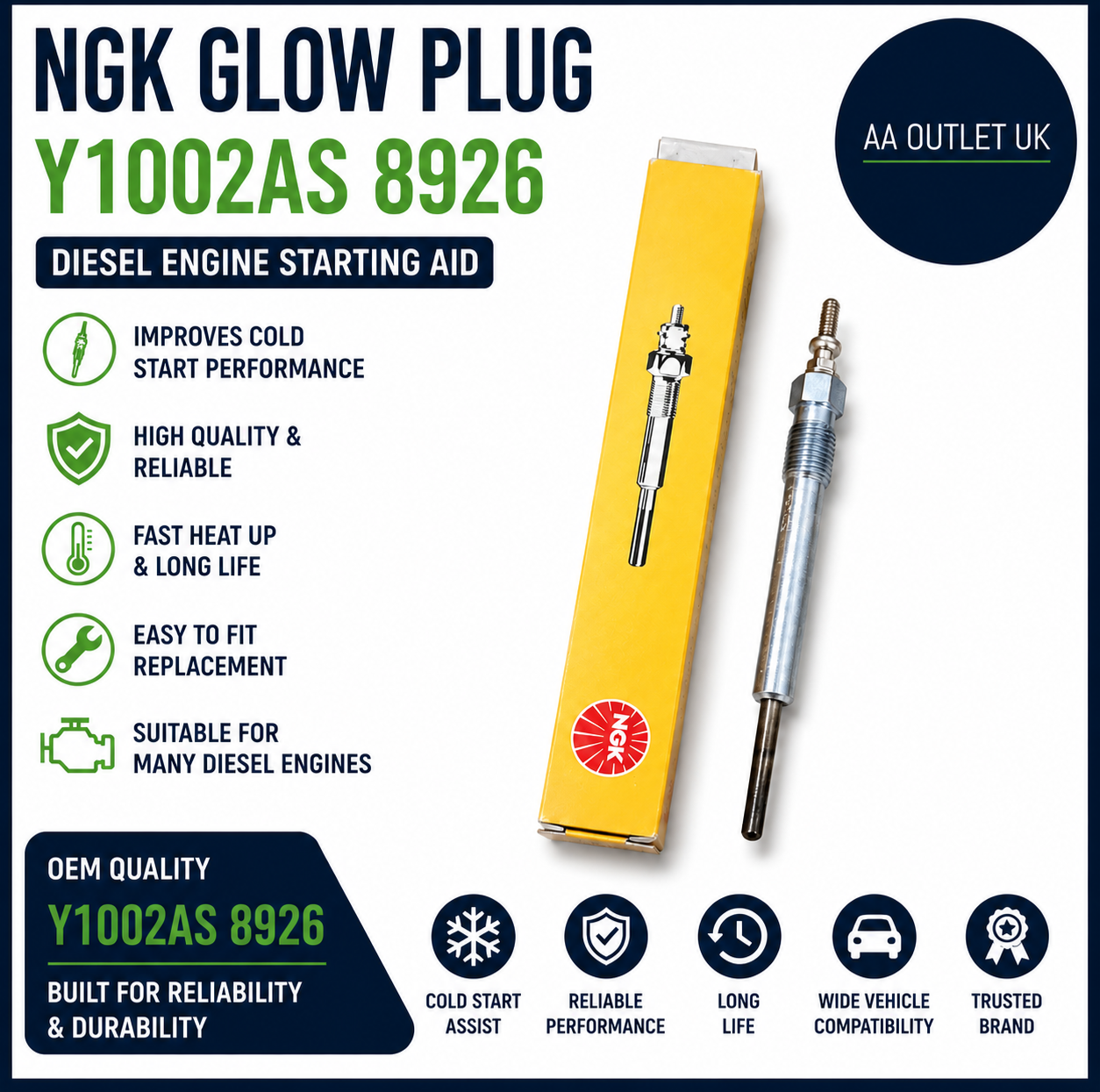 NGK Glow Plug Y1002AS 8926 Diesel Heater Engine Replacement Genuine Quality