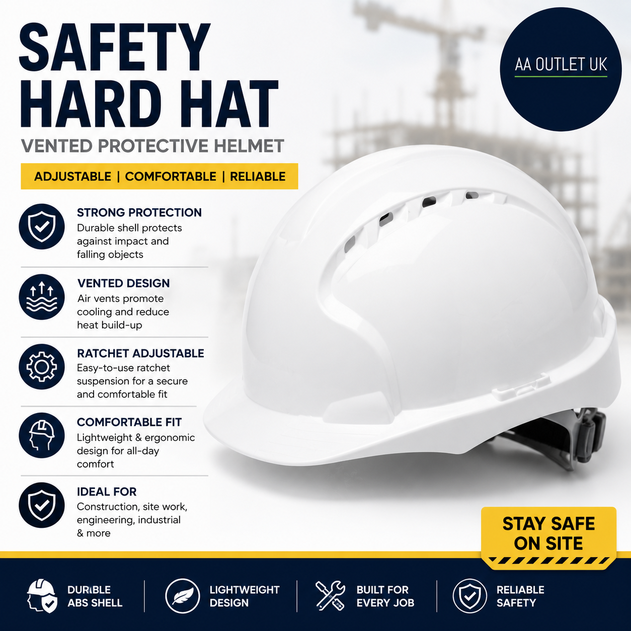 White Safety Hard Hat Vented Protective Safety Helmet Ratchet Adjustable New