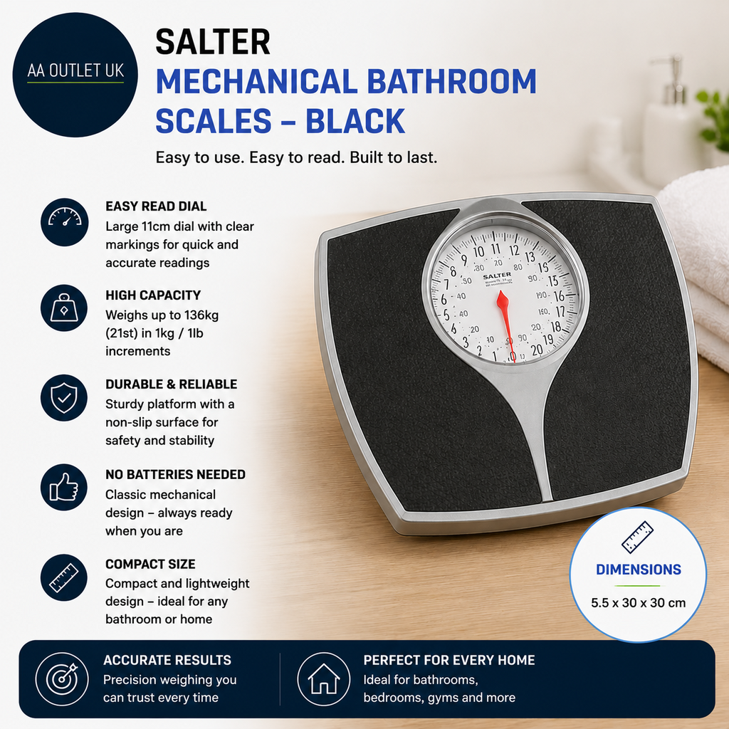 Salter Mechanical Bathroom Scales Black Easy Read Dial 5.5x30x30cm