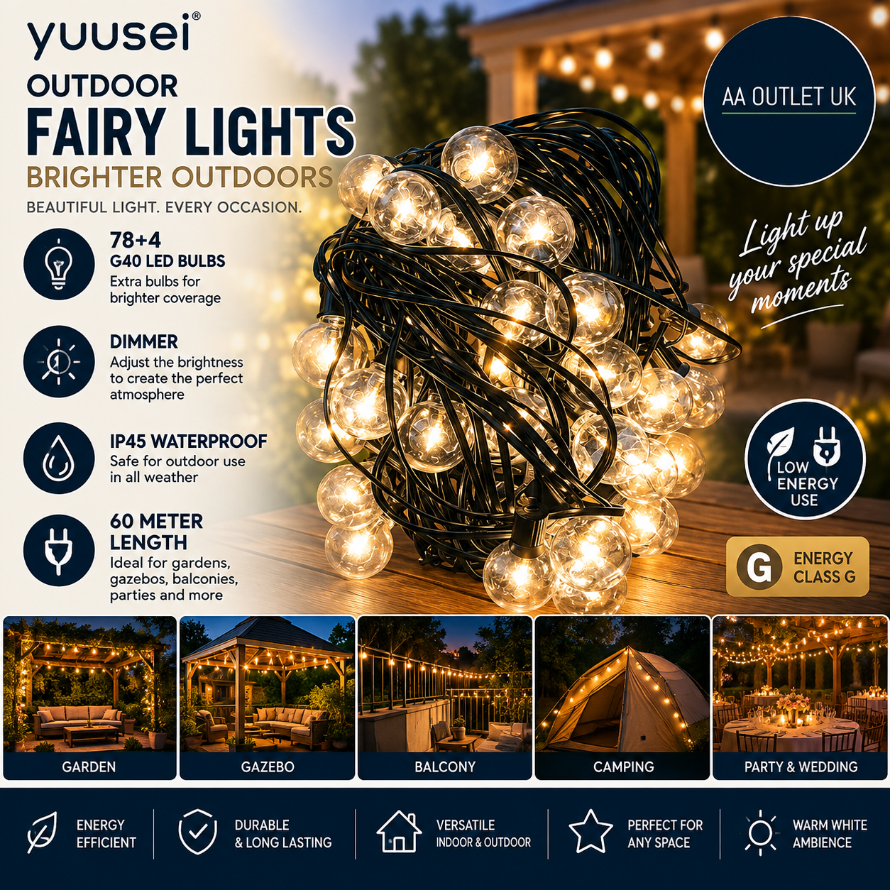 Yuusei Fairy Lights Outdoor Power 60m Fairy LED Dimmer IP45 Waterproof