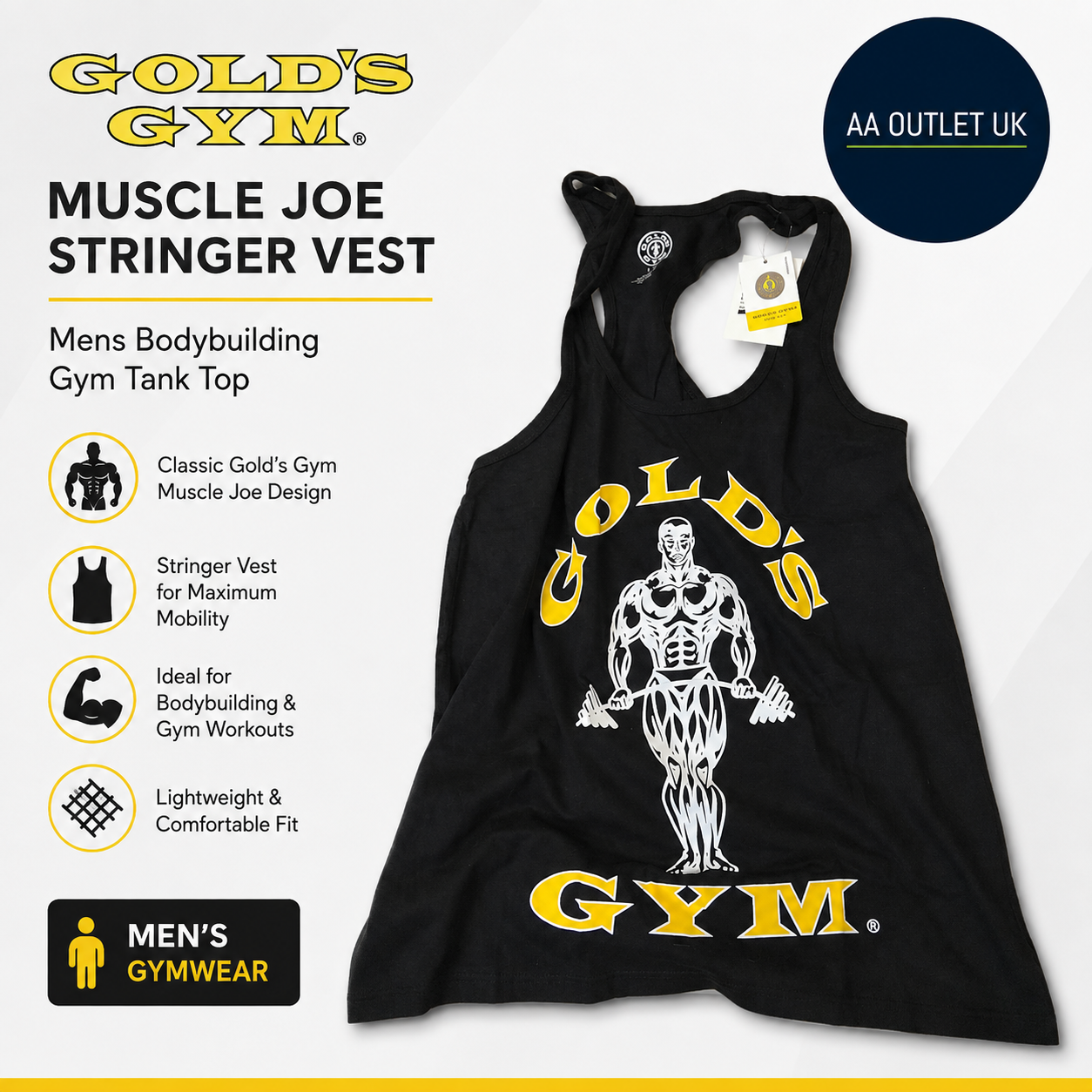 Golds Gym Muscle Joe Mens Stringer Vest Black Bodybuilding Gym Tank Top XL New