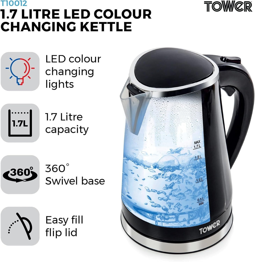 Tower T10012 LED Changing Kettle Swivel Large Easy Fill Lid 1.7L 2200W New