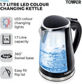 Tower T10012 LED Changing Kettle Swivel Large Easy Fill Lid 1.7L 2200W New