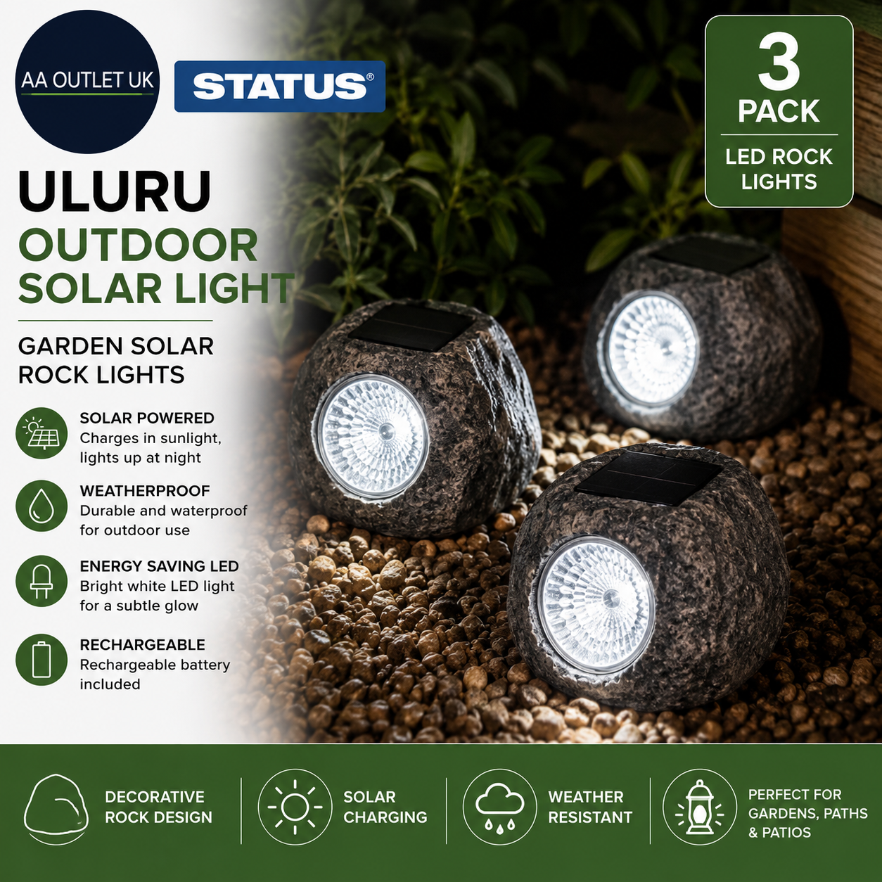 Status Uluru Outdoor Garden Solar Light 3 Pack LED Rock Design Rechargeable