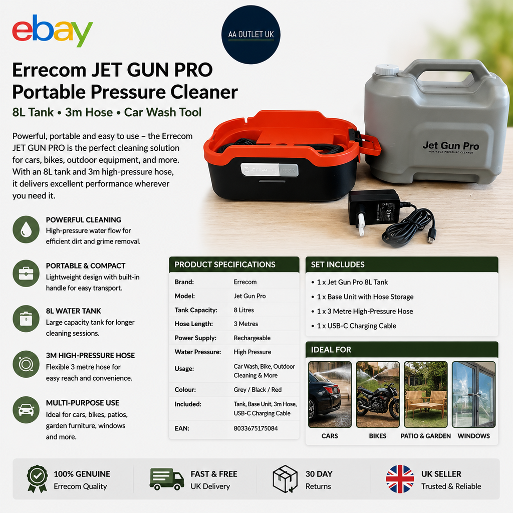Errecom JET GUN PRO Portable Pressure Cleaner 8L Tank 3m Hose Car Wash Tool
