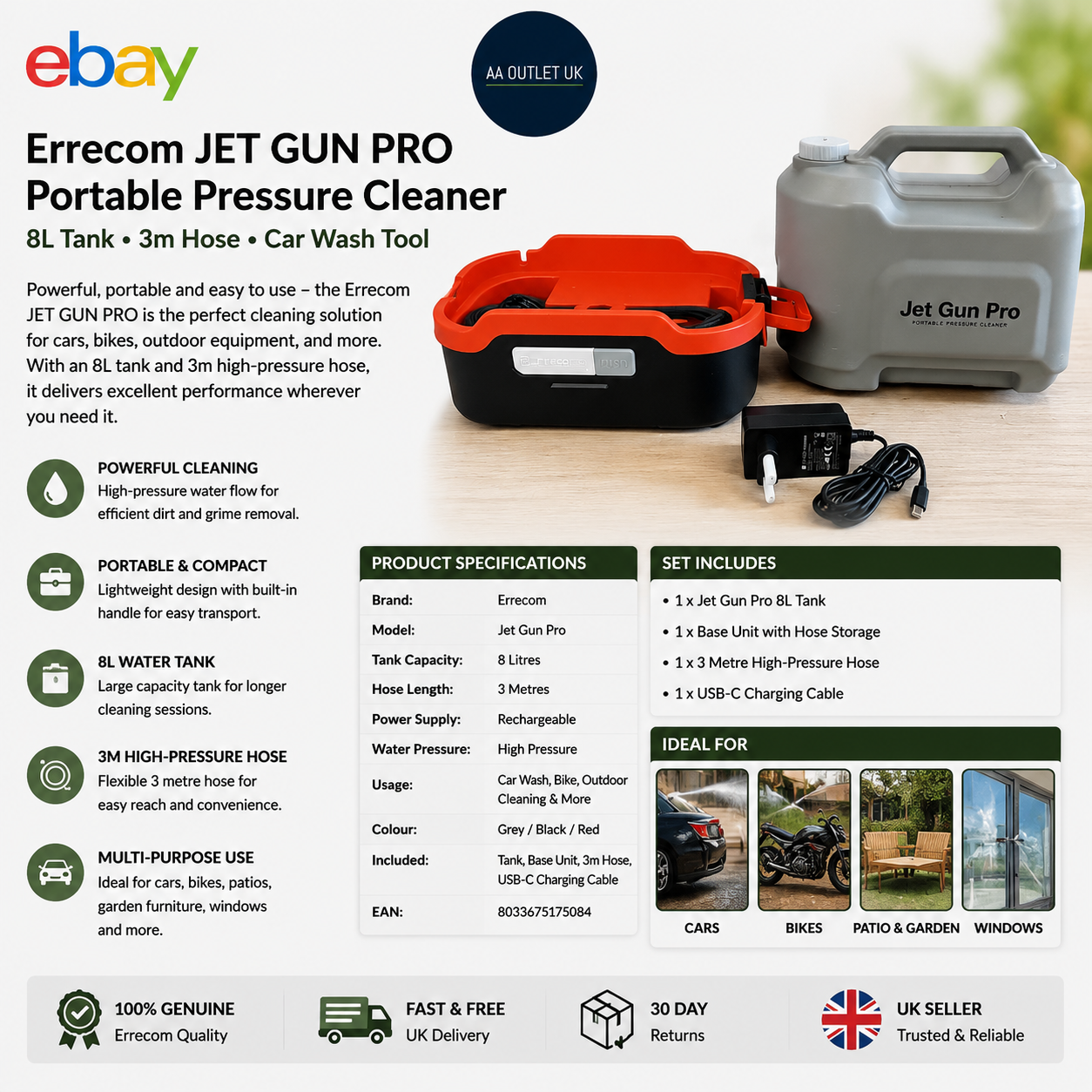 Errecom JET GUN PRO Portable Pressure Cleaner 8L Tank 3m Hose Car Wash Tool