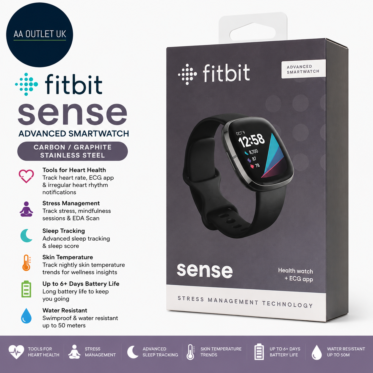 Fitbit Sense Advanced Smartwatch Heart Health Stress Sleep Mngt Body Temp