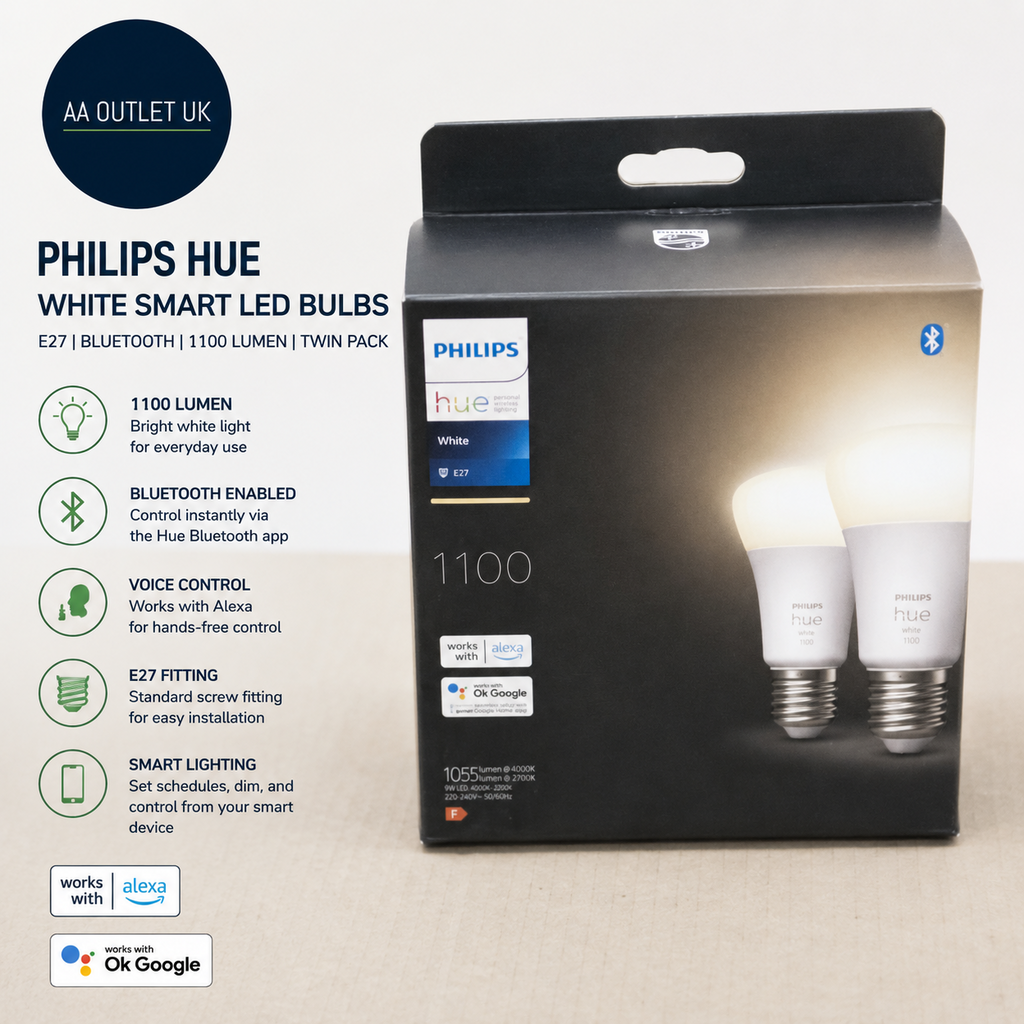Philips Hue White Smart LED Bulbs E27 Bluetooth 1100 Lumen Twin Pack Alexa New