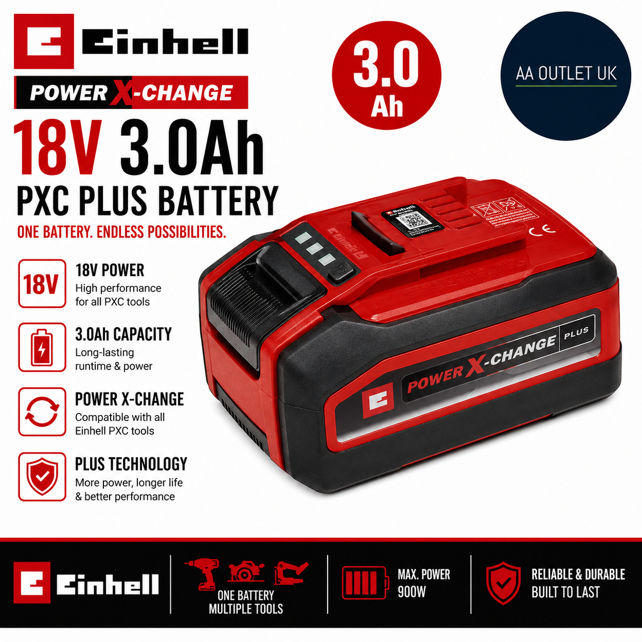 Einhell 18V 3.0Ah Power X Change Plus Battery Universal PXC Tools Durable Design