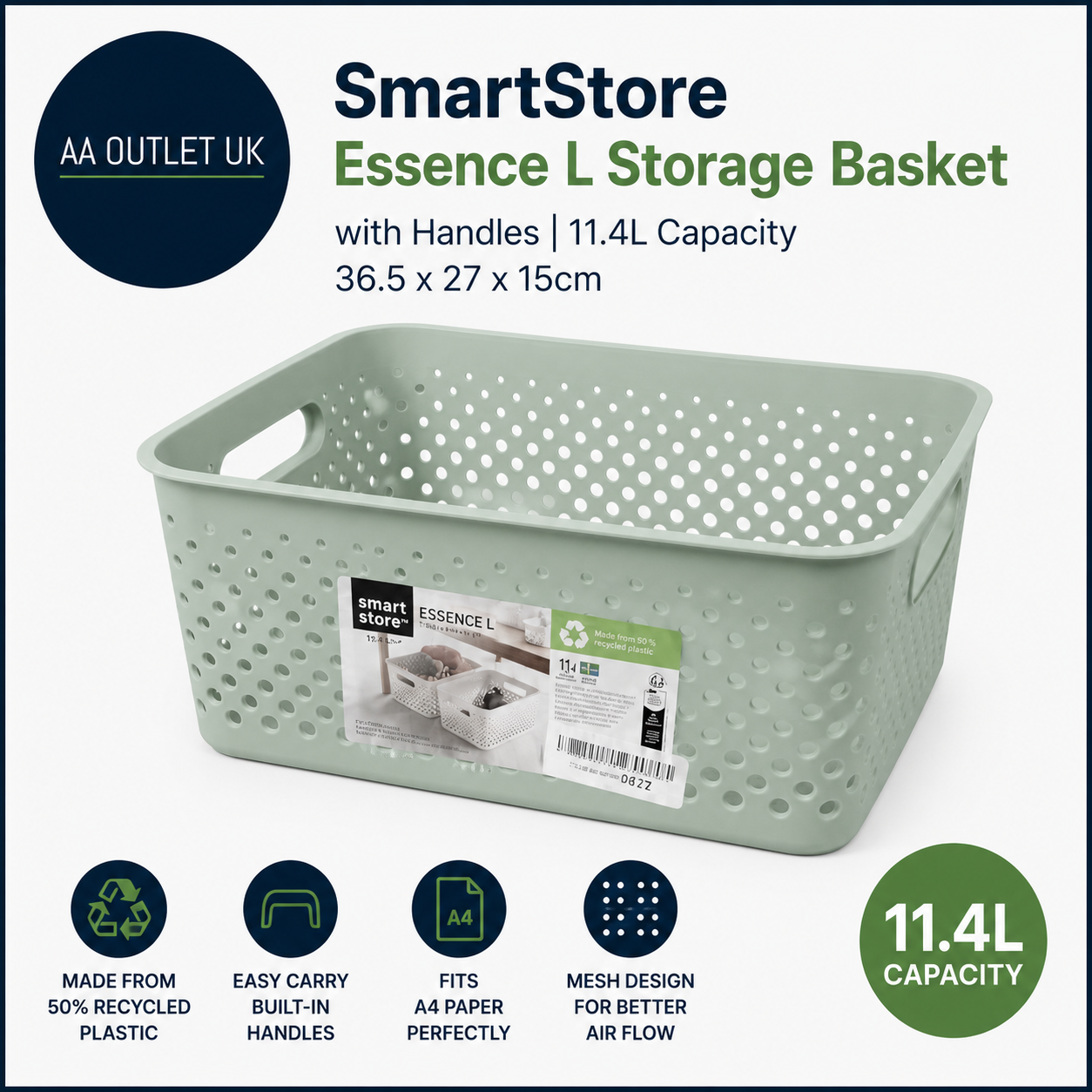 SmartStore Storage Basket Handles Green 11.4L 36.5x27x15cm Plastic Bin Recycled