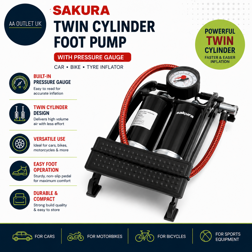 Sakura Twin Cylinder Foot Pump with Pressure Gauge Car Bike Tyre Inflator