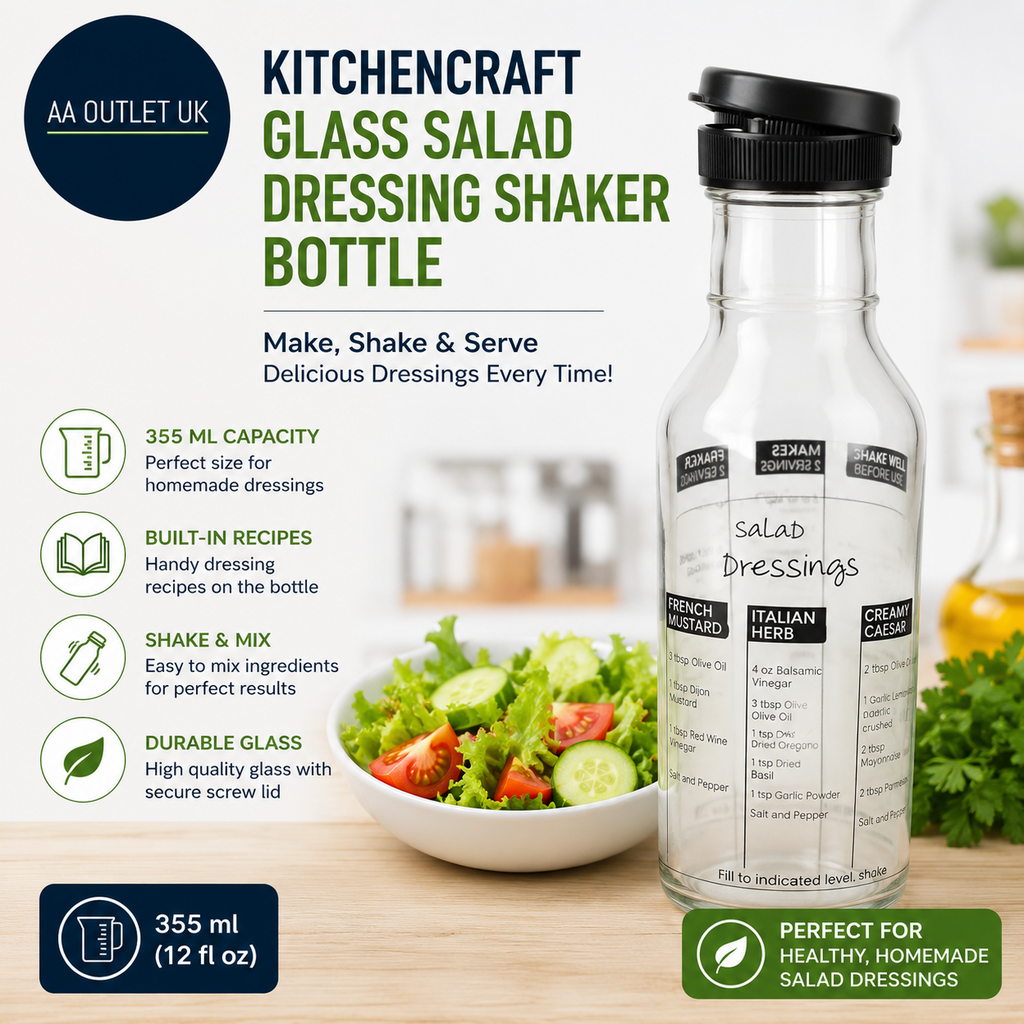KitchenCraft Essential Glass Salad Dressing Shaker Bottle Recipes 355ml