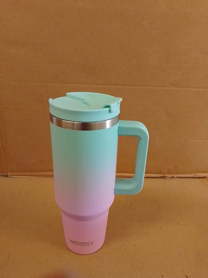 Watersy 40oz Travel Mug Coffee Cup 2 Straws Tumbler Lid Handle Stainless Steel