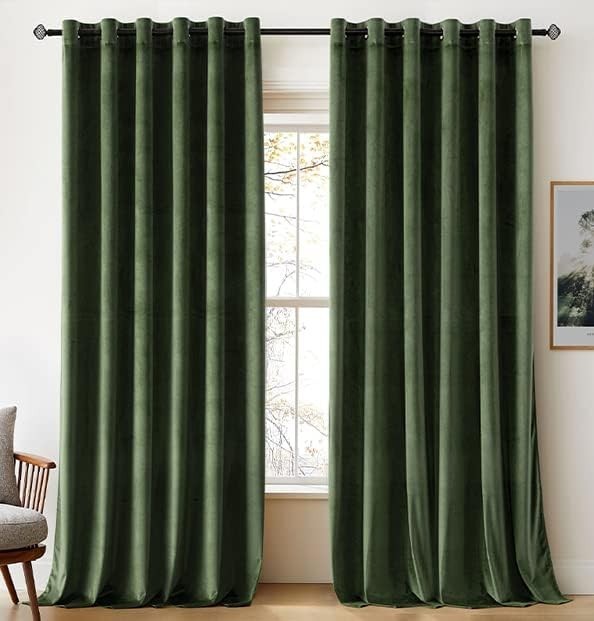 Woaboy Velvet Curtains Living Room 90x90in 2 Panels Olive Green Blackout Thermal