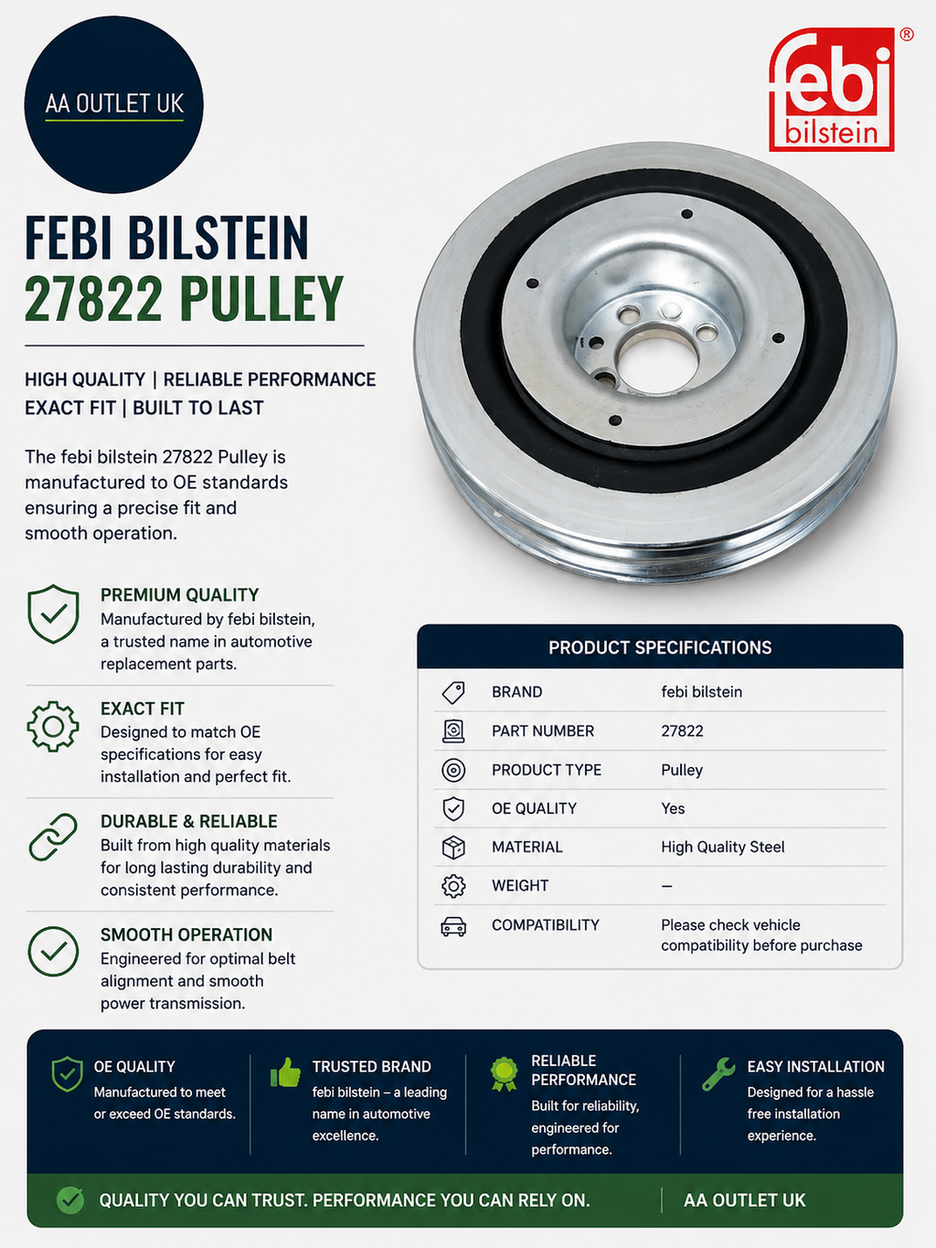Febi Bilstein 27822 Pulley High Reliable Performance Quality Silver