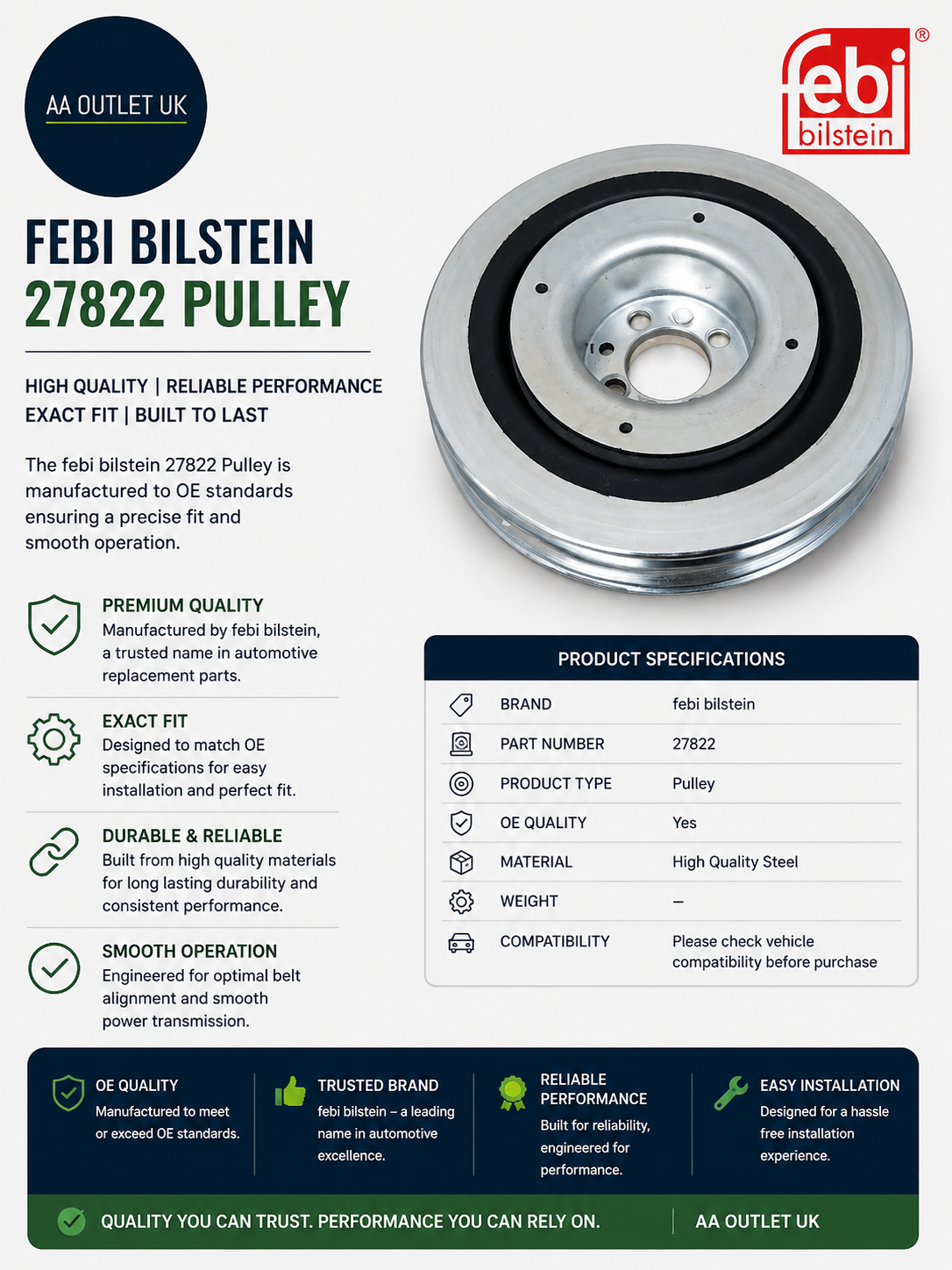 Febi Bilstein 27822 Pulley High Reliable Performance Quality Silver