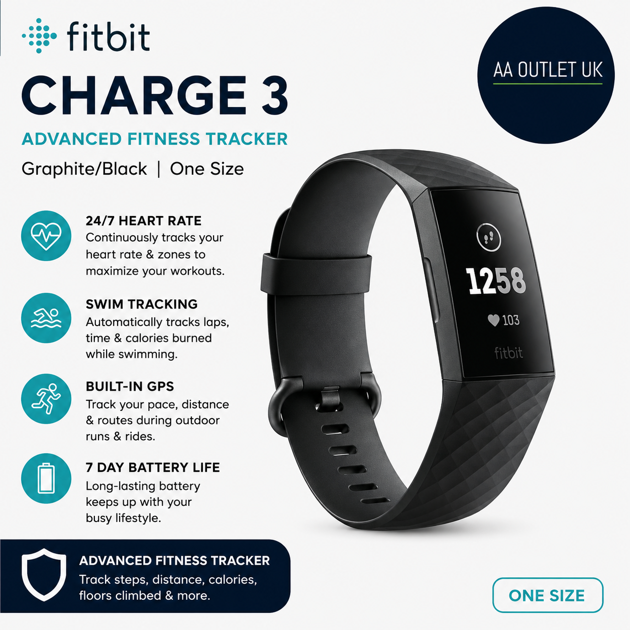 Fitbit Charge 3 Advanced Fitness Calorie Heart Rate Swim Sleep Tracking