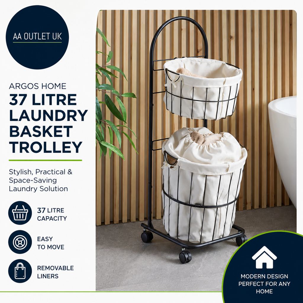 Argos Home 37L Capacity Laundry Basket Trolley Black Steel Frame 97.3x36.9x43cm