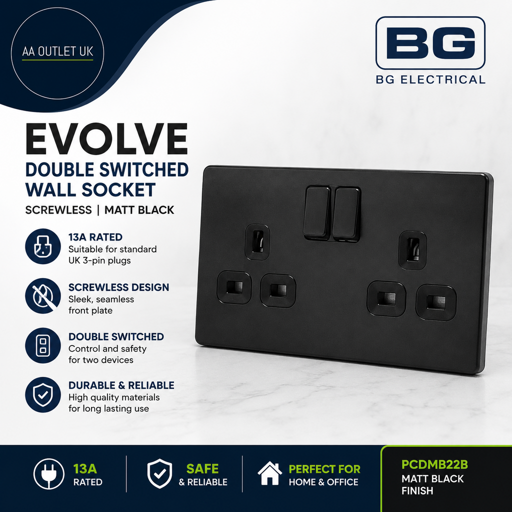 BG Electrical Double Switched Power Plug Wall Socket Screwless Evolve Matt Black