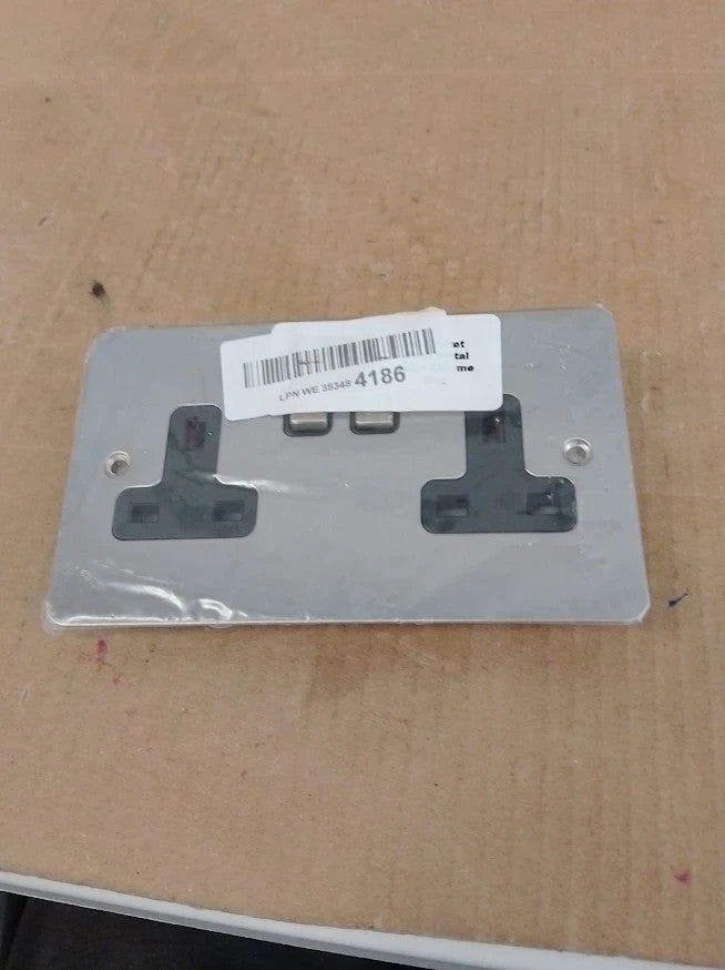 AET FSC2GSOCBS 13A 2 Gang Satin Chrome Double Plug Socket Black Insert Design