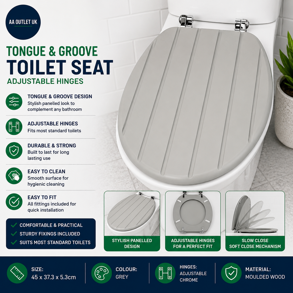 Home Tongue & Groove Style Toilet Seat Adjustable Hinges Grey 45x37.3x5.3cm