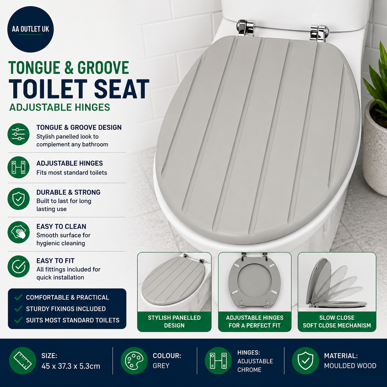 Home Tongue & Groove Style Toilet Seat Adjustable Hinges Grey 45x37.3x5.3cm