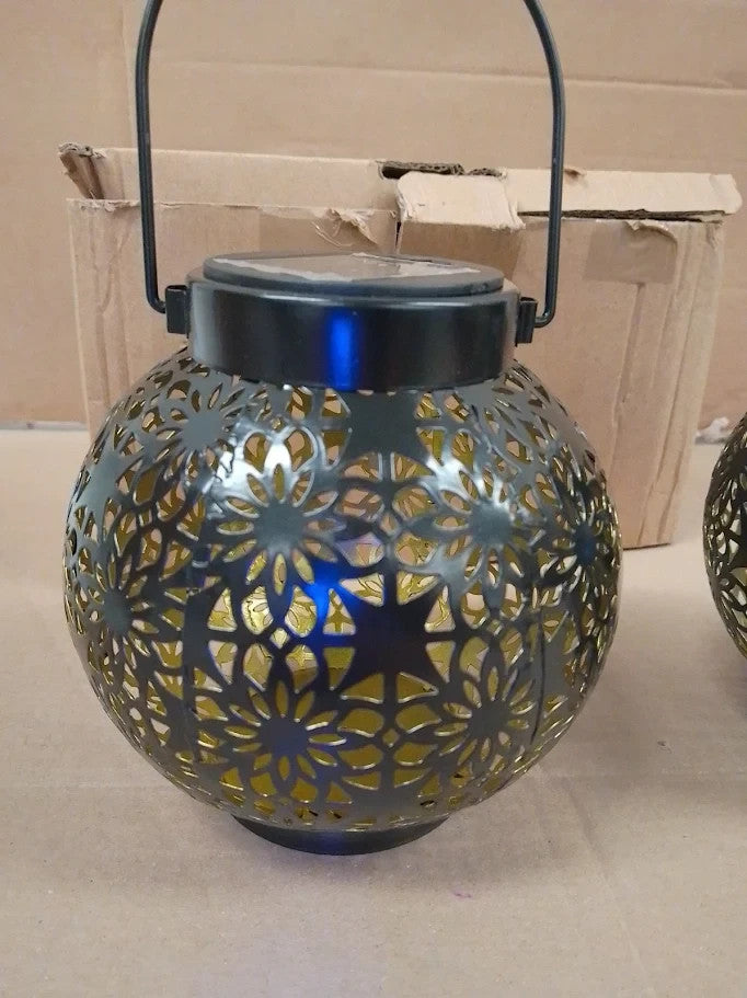 Set Of 2 Solar Powered Hanging Garden Lanterns Metal Globe Outdoor LED New