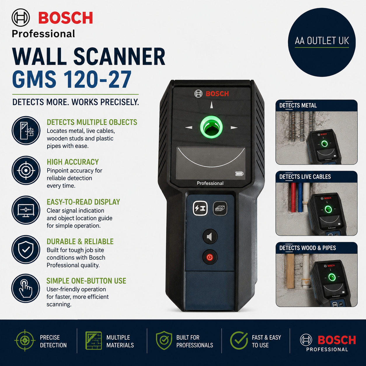 Bosch Professional Wall Scanner GMS 120 27 Detection Depth Non Magnetic Metal